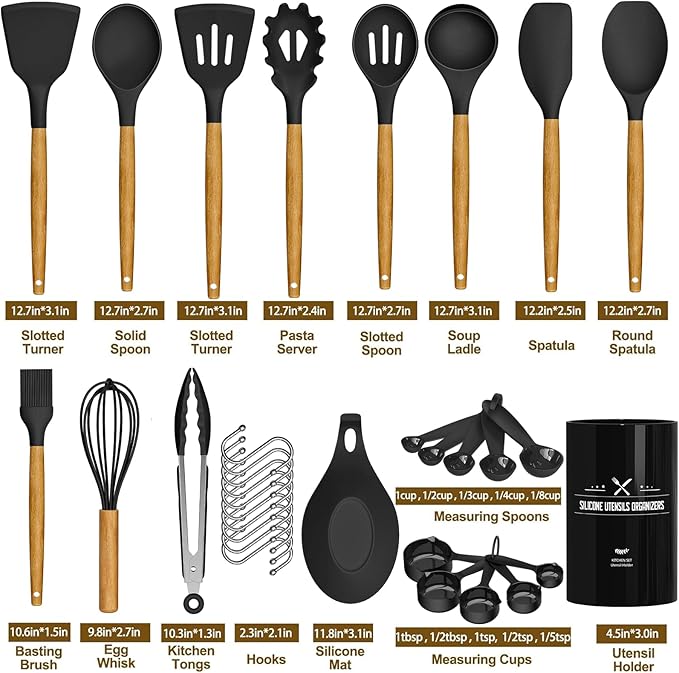 Umite Chef Kitchen Cooking Utensils Set, 33 pcs Non-Stick Silicone Cooking Kitchen Spatula Set with Holder, Wooden Handle Silicone Kitchen Gadgets Utensil Set (Black)