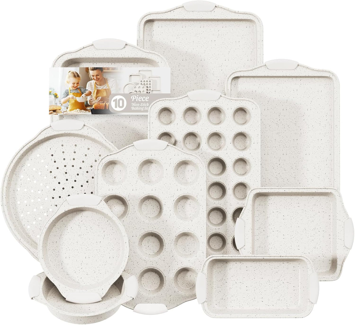 10-Piece Kitchen Nonstick Stackable Bakeware Set, Non Toxic Bakeware Sets with Silicone Handles, Includes Cookie Sheets, Cake Pan, Loaf Pan, Pizza Pan, Muffin Pan, White