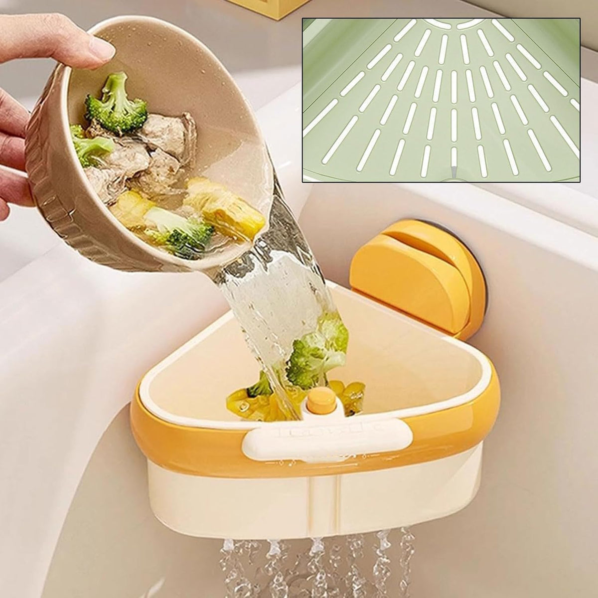 Suction Cup Sink Corner Rack, Triangular Sinks Basket Shelf, Automatic Dumping Corner Sink Strainer with Drain Hole, Food Waste Catcher (Green)