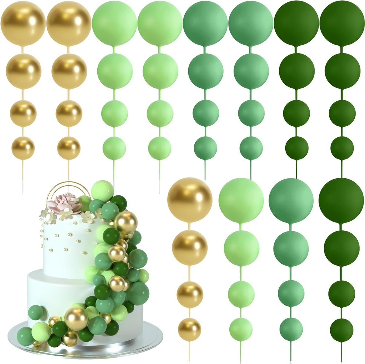 48 Pcs Balls Cake Topper Decorations Balloon Cupcake Toppers Foam Cake Topper Balls Cake Balls Decorations for Birthday Party Cake Decorating (Green, Gold)