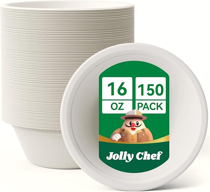 JOLLY CHEF Compostable Disposable Paper Bowl [16 oz] Heavy Duty Soup Containers [150 Pack] Biodegradable Bagasse Hot Cold Food Eco-Friendly Sugarcane Microwavable Bowls for Salad Milk Thanksgiving Day