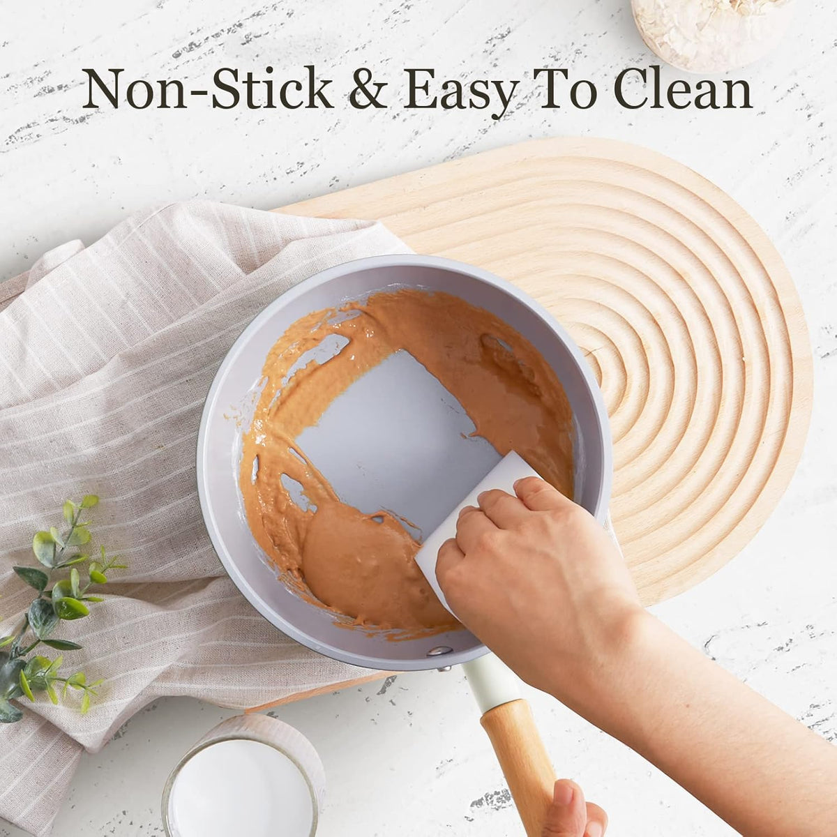 ROCKURWOK Ceramic Nonstick Sauce Pan with Lid, 1.5 Qt Small Pots for Cooking, Small Pot Wooden Handle for Cool Touch, Non Toxic & Pfas-Free Saucepan, Universal Base(Gas, Electric & Induction), White