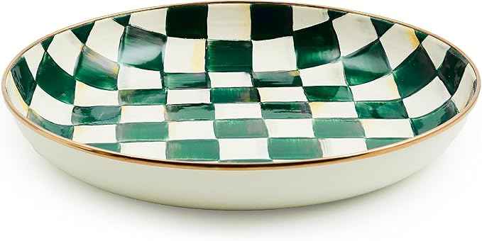 MACKENZIE-CHILDS Enamel Abundant Bowl, Serving Bowl or Fruit Bowl for Display, 13-Cup Capacity, Green-and-White Emerald Check