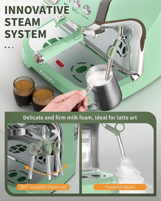 Amaste Espresso Machine with Grinder, 15 Bar Espresso Machine with Steam Wand for Latte and Cappuccino, 68Oz Water Tank, Pre-Infuse Brewing, Espresso Coffee Maker for Home Use, Barista Kit, Green