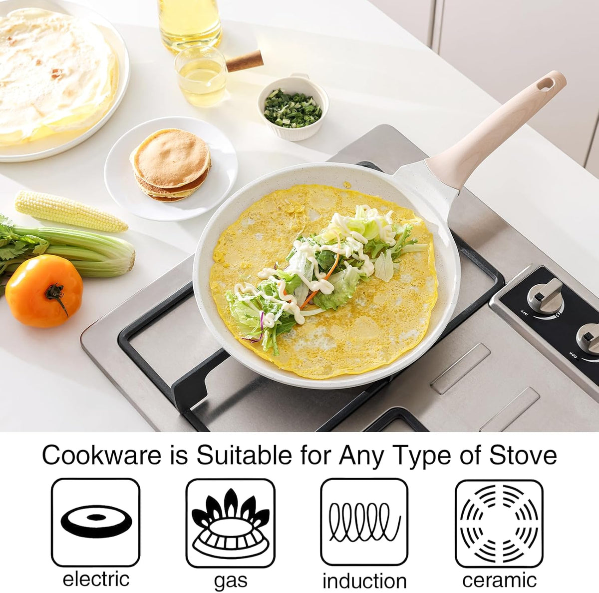 Crepe Pan Nonstick, 12 Inch Healthy Coating Comales para Tortillas Dosa Pan with Spreader, Induction Compatible, PFOA Free (White)
