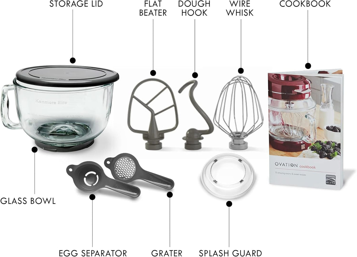 Kenmore 500W Oviation Stand Mixer - 10 Speed Mixing, Tilt-Head, Handheld Glass Bowl With Pouring Top Splash Guard, Flat Beater, Whisk, Dough Hook Attachments Countertop Kitchen Appliance, 5QT Red