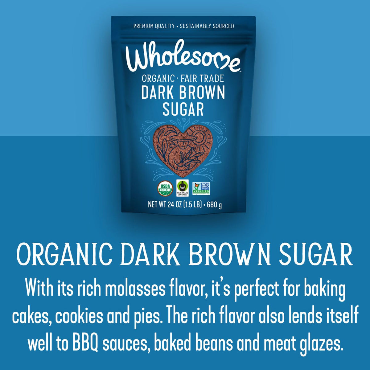 Wholesome Sweeteners 24-Ounce Organic Dark Brown Sugar, Fair Trade, Non GMO, Gluten Free & Vegan, Sugar for Baking and Glazing, 6 Pack