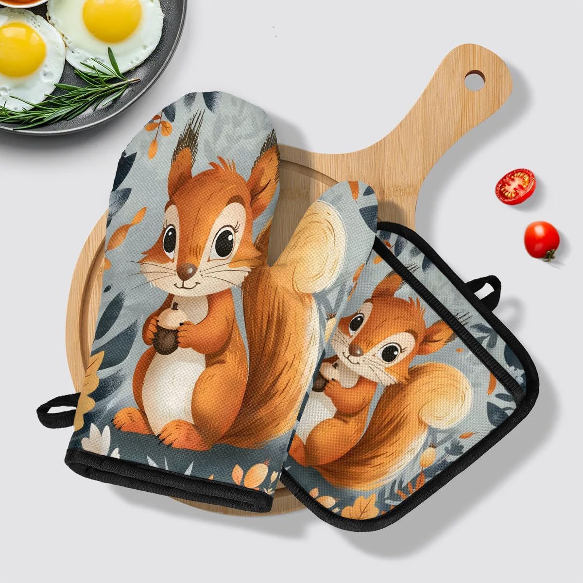Squirrel Fall Oven Mitts and Pot Holders Sets, 2 Pcs Decorative Kitchen Oven Glove for Cooking