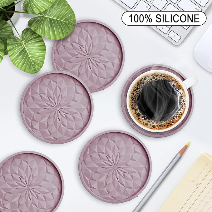 ME.FAN Silicone Coasters with Holder,[6 Pack] Drinking Coasters - Cup Mat for Hot or Cold Drinks, Thickened, Non-Slip, Non-stick,Deep Tray Pale Mauve