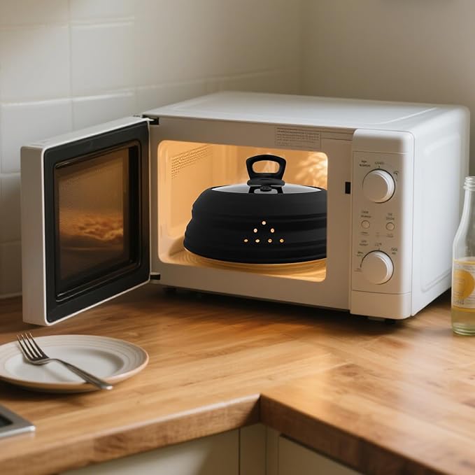 Microwave Splatter Cover Collapsible Silicone & Tempered Glass 10.8 Inch Microwave Cover for Food Splatter Guard with Steam Vents Dishwasher Safe Fits Bowls, Plates & Pots (Black)
