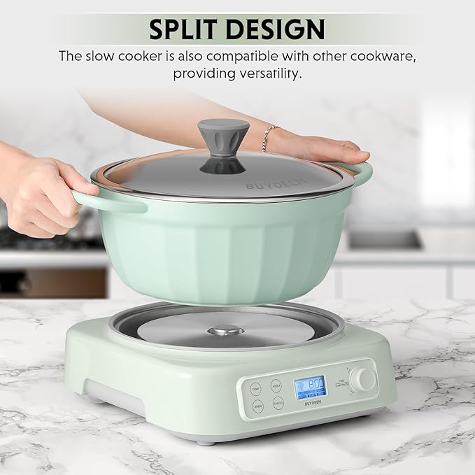 BUYDEEM 5-in-1 Slow Cooker 4.7QT with Removable Nonstick Stockpot, Compatible with Various Cookwares, Two Temperature Controls, Customized Time Settings, Auto Keep Warm for 2H, Cozy Greenish