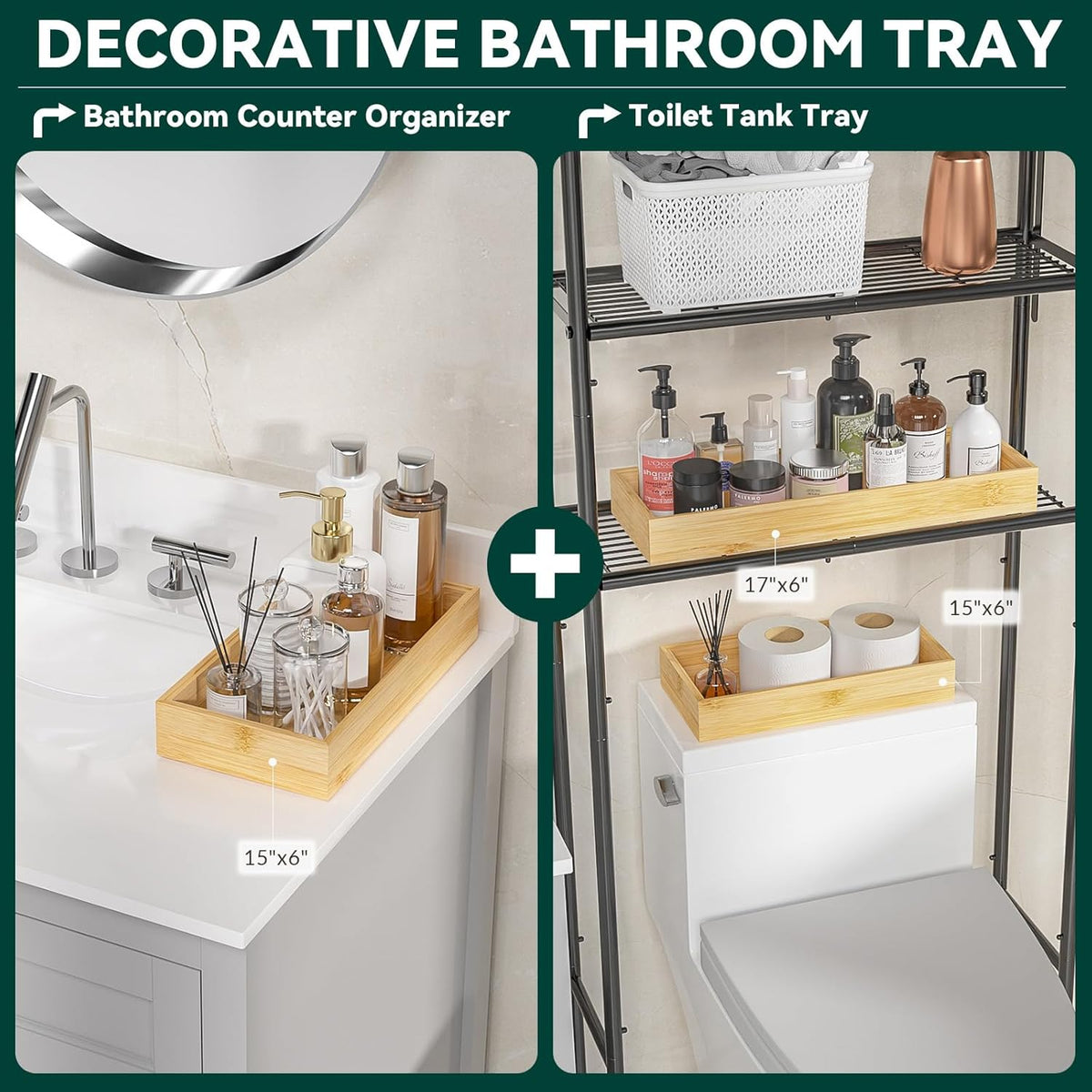Bamboo Drawer Organizer for Kitchen & Bath, Extra Large Stackable Tray for Silverware, Toiletries & Utensils, 2 Pcs, 17" x 6" x 2" (Outer), 16.3" x 5.3" x 1.77" (Inner)