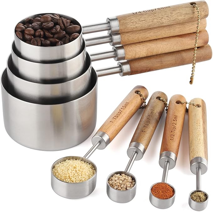 Measuring Cups and Spoons Set Stainless Steel Measuring Cups and Spoons with Wood Handle for Dry and Liquid Ingredients