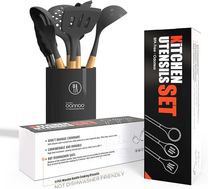 oannao Silicone Cooking Utensils Kitchen Utensil Set - 446°F Heat Resistant Silicone Kitchen Utensils Set, Spatula,Turner Tongs, Spoon, Whisk,Kitchen Gadgets for Nonstick Cookware, BPA Free (Gray)