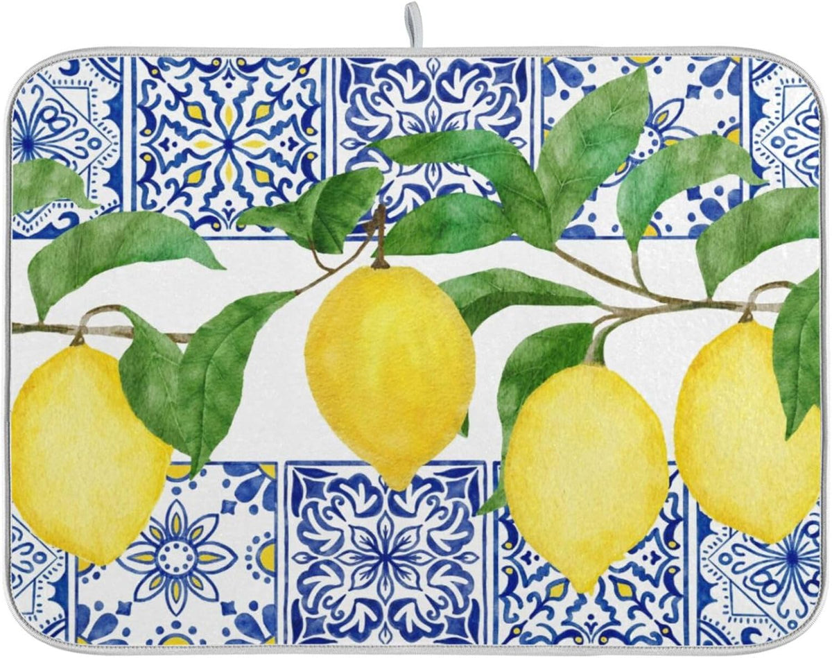 Lemon Blue Tiles Dish Drying Mat for Kitchen Counter Absorbent Microfiber Drying Pad, Large 18x24 in, Reversible Drainer Mats