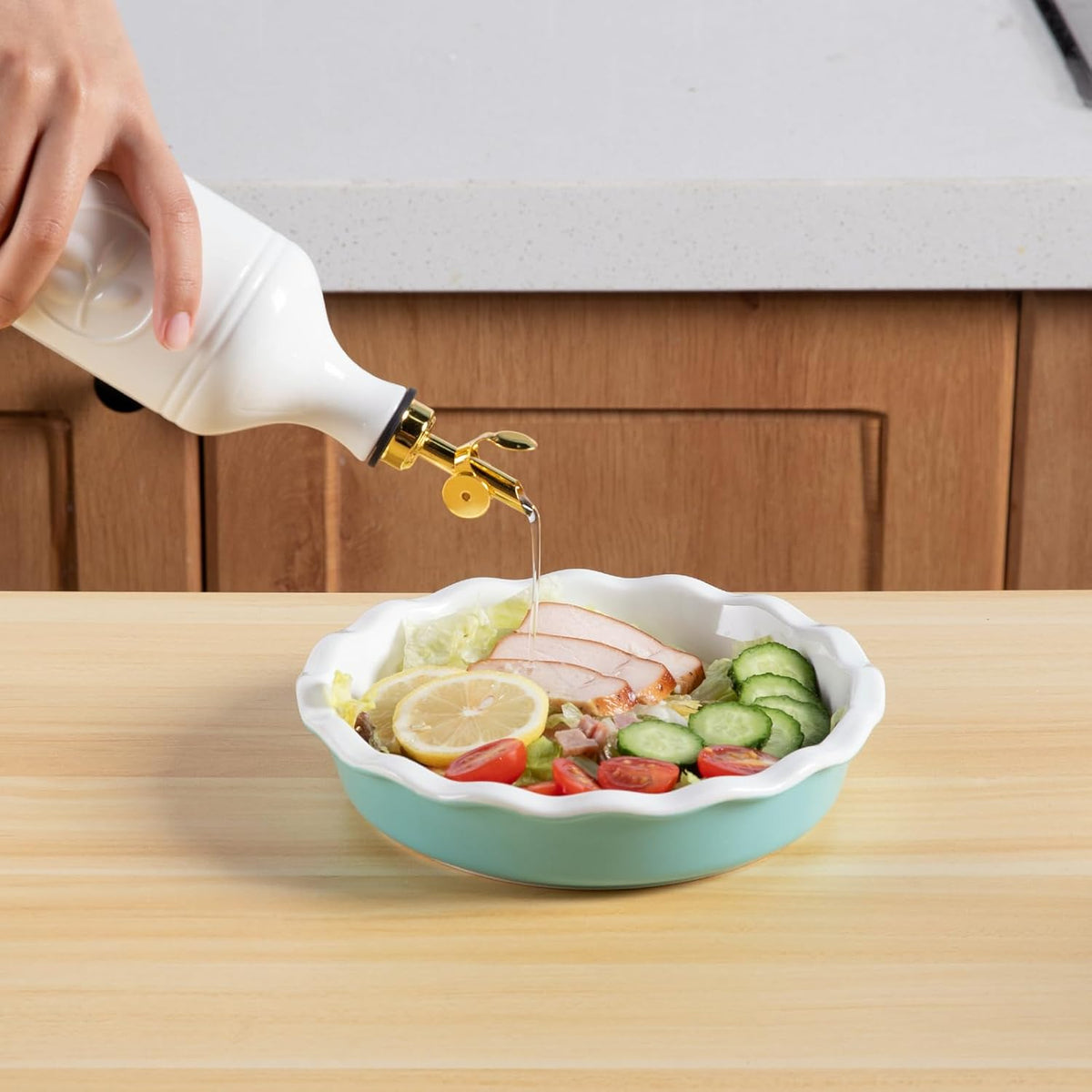 Sweejar 16 Oz Ceramic Olive Oil Dispenser Bottle, Oil Dispenser for Kitchen with Gravity Spout, Relief Opaque Oil Container for Evoo, Avocado Oil, Vinegar, Soy Sauce, 1 Pack(White, Gold Spout)