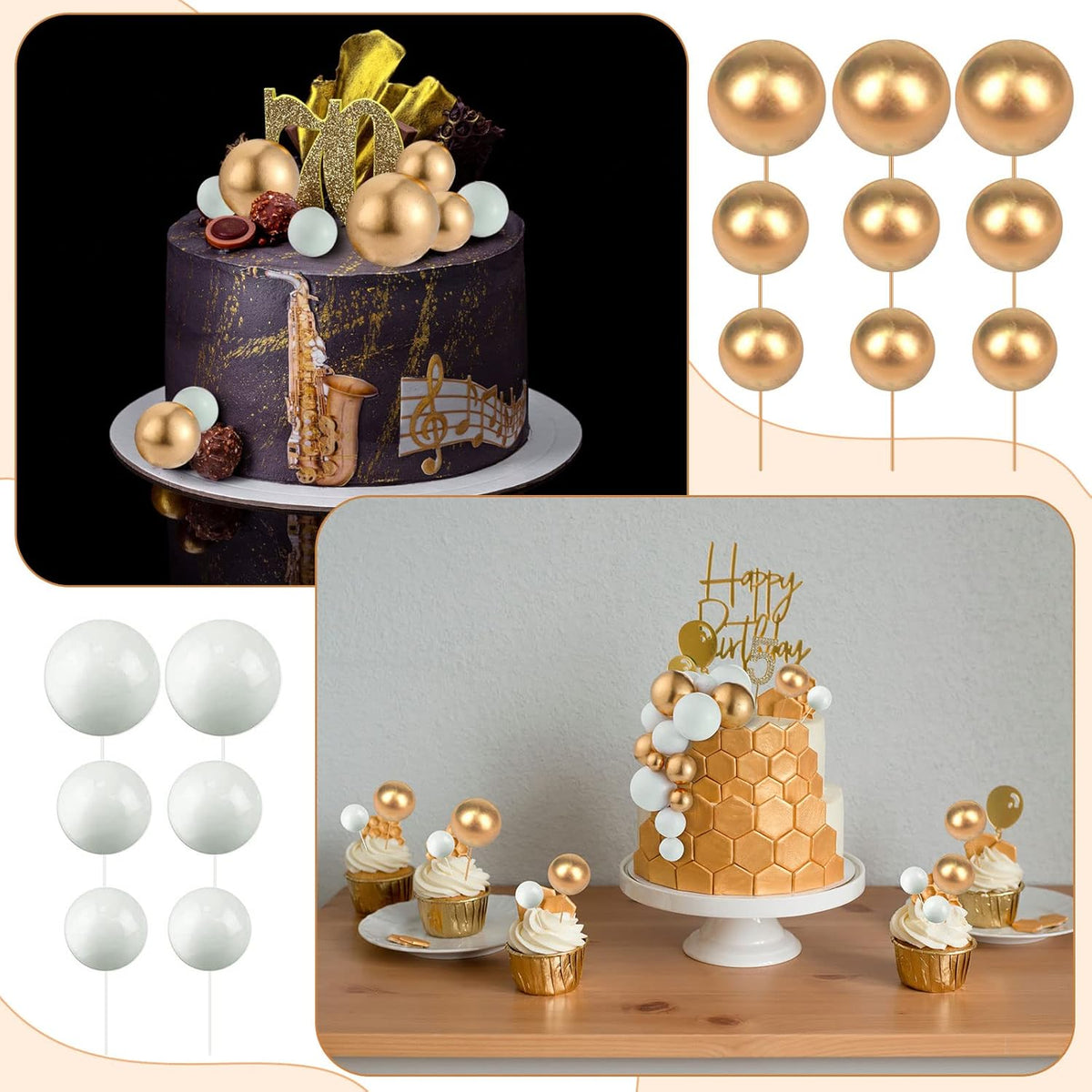 108 Pcs Balls Cake Topper DIY Cupcake Insert Foam Balloons for Cake Baking Wedding Anniversary Birthday Decoration(White, Gold,Multi Sizes)