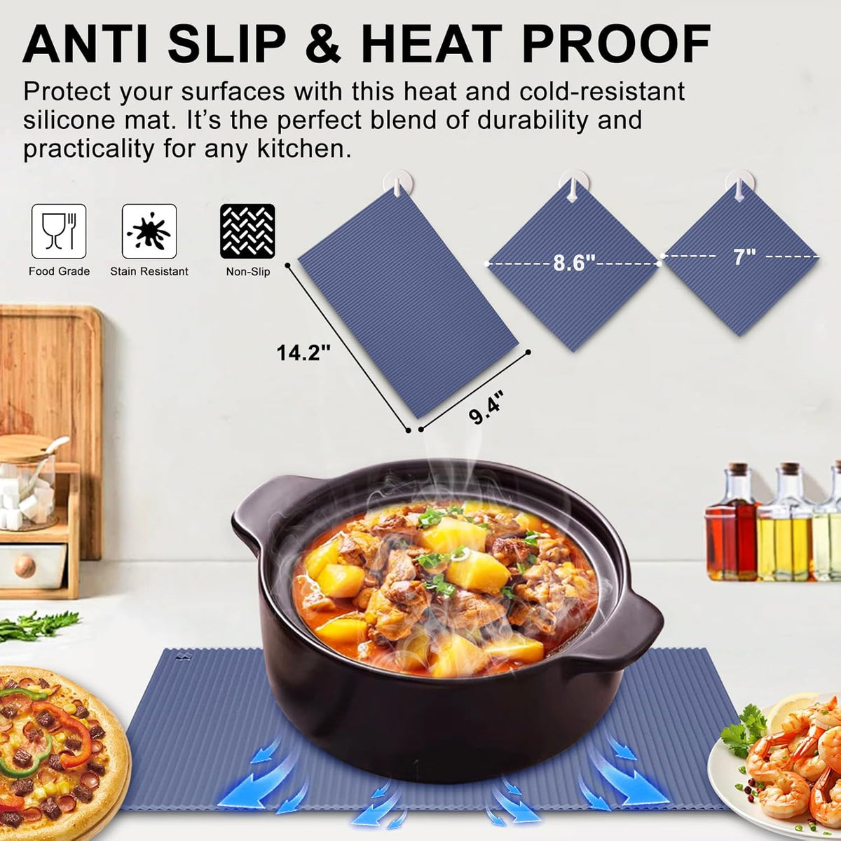 2 Pack 9.5"x14.2" Trivets for Hot Dishes, Hot Pads for Kitchen, Silicone Trivets for Hot Pots and Pans, Hot Plates to Protect Table, Heat Resistant Silicone Trivet (Blue, 9.5"x14.2")