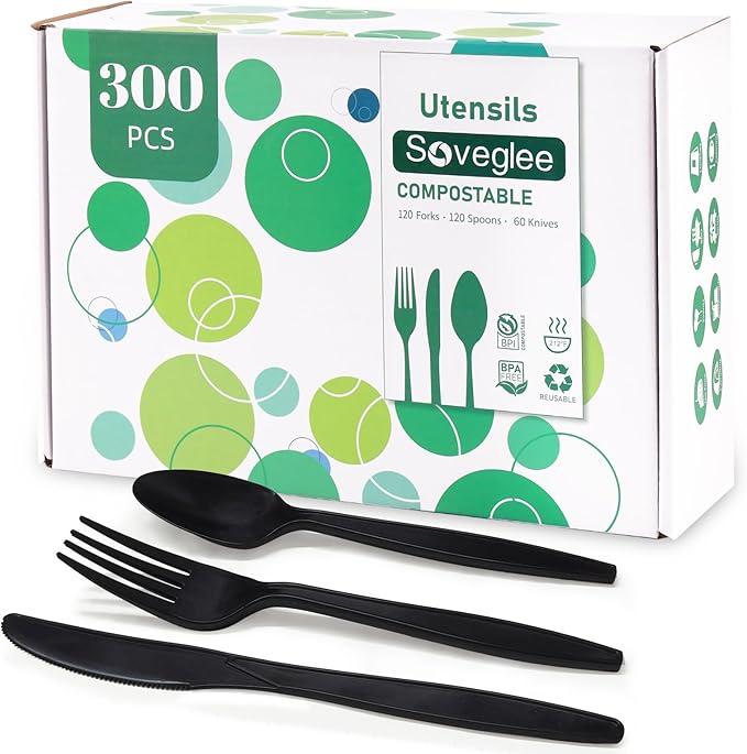 Black Plastic Silverware, Compostable No Plastic Utensils 120 Forks 120 Spoons 60 Knives Disposable Cutlery, Eco Friendly Compostable Utensils, Disposable Forks Spoons Knives Set