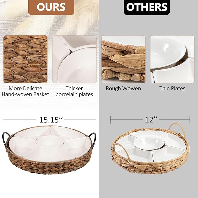 Serving Tray and Serving Dishes, RANDEFURN 7-Set Gold Platters for Parties,15.5 x 15.5 inches, Divided Serving Trays & Platters, Portable Handle,Gold