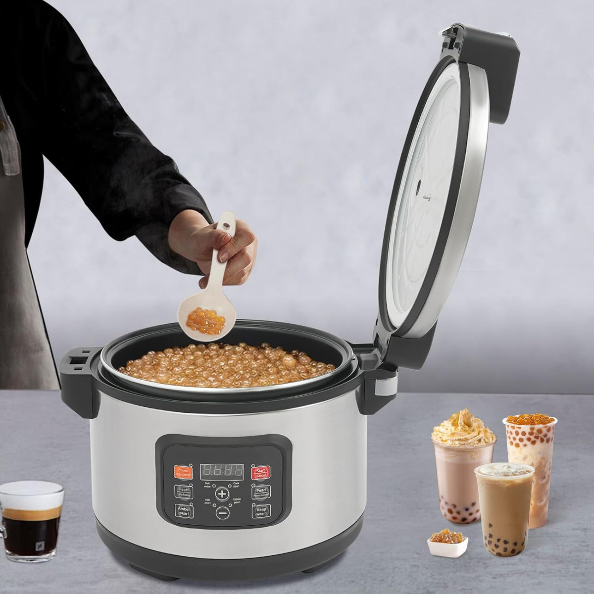Commercial Boba Pearl Cooker 12L Tapioca Maker, Automatic Non-Stick Bubble Tea Cooker with Smart Touchscreen for Boba Tea, Milk Tea, and Sago Pearl Drinks 110V