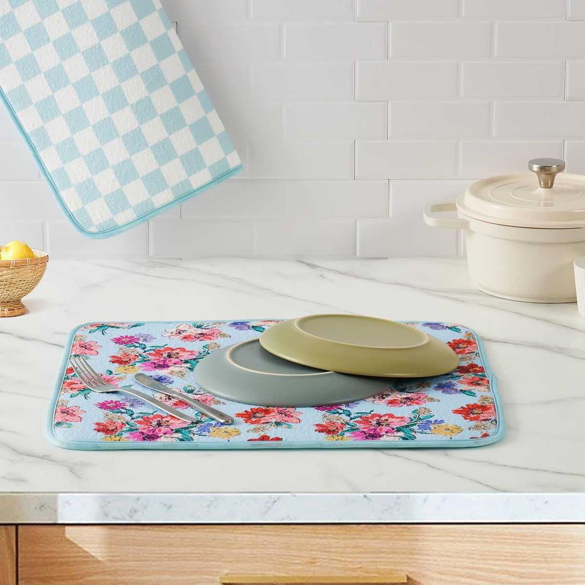 FRESHMINT Printed Dish Drying Mats for Kitchen Counter 2 Pack Absorbent Reversible Drying Mats Microfiber Kitchen Countertop Protector Dishes Drying Pad Extra Large 18"x16" Dish Mat