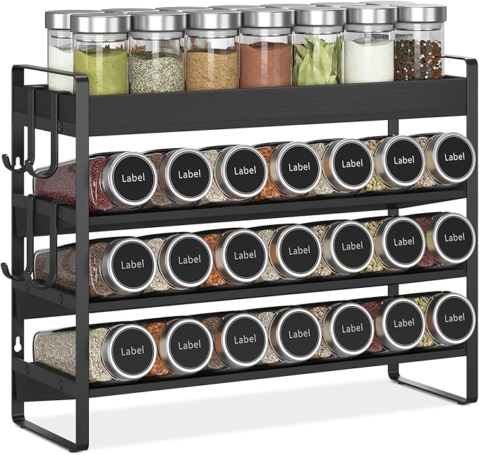 EsLuker.ly Spice Seasoning Rack Organizer Kitchen Countertop, 4 Tier Bamboo Spice Shelf Holder Storage with 4 Hooks, Wall Mounted Freestanding Stand for Pantry, Black (Jars Not Included)