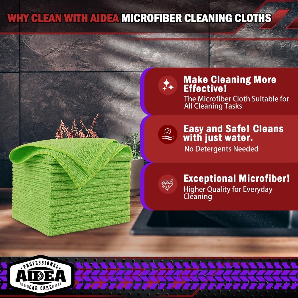 AIDEA Microfiber Cleaning Cloth, 10PK, Microfiber Towels for Cars, Premium All Purpose Car Cloths, Dusting Cloth Cleaning Rags, Absorbent Towels for SUVs, House, Kitchen, Window, 12"×12", Green