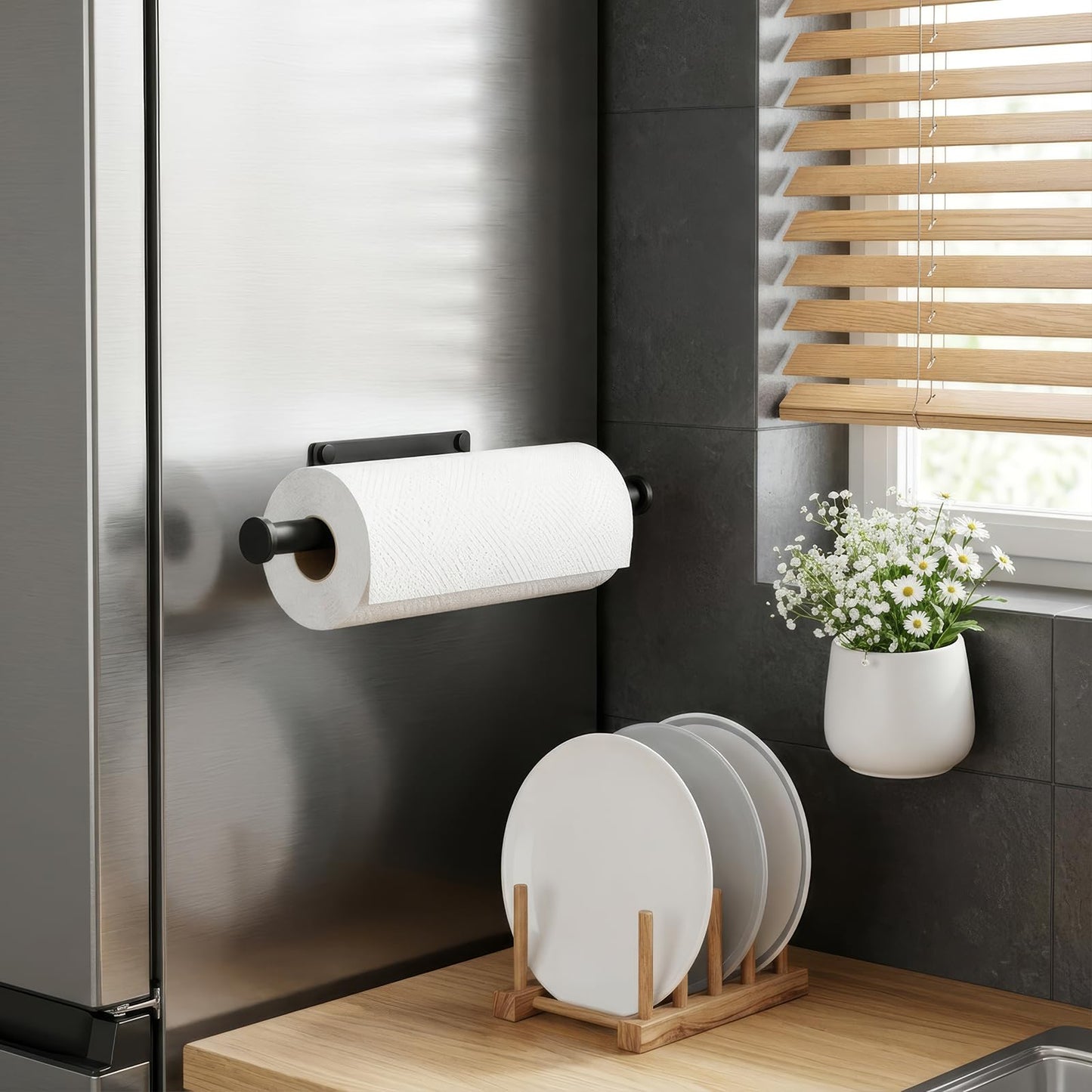 FISHCLOUD Paper Towel Holder Wall Mount - Self Adhesive No Drill or Drilling, SUS304 Stainless Steel - Kitchen, Bathroom, Sink, Pantry, Fridge(Black)