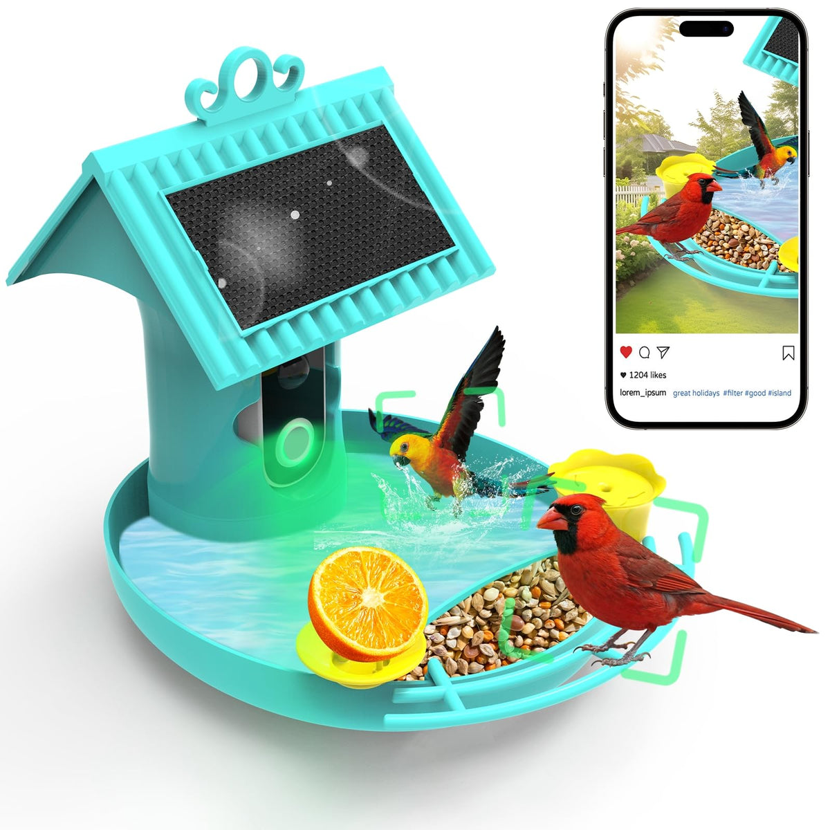 Bird Feeder with Camera - 4K HD Live View, Smart Bird Feeder Solar Powered, AI Recognition Auto Capture Video, 3-in-1 Feeding & Bathing & Hummingbird, Outdoor Garden Bird House (Blue)