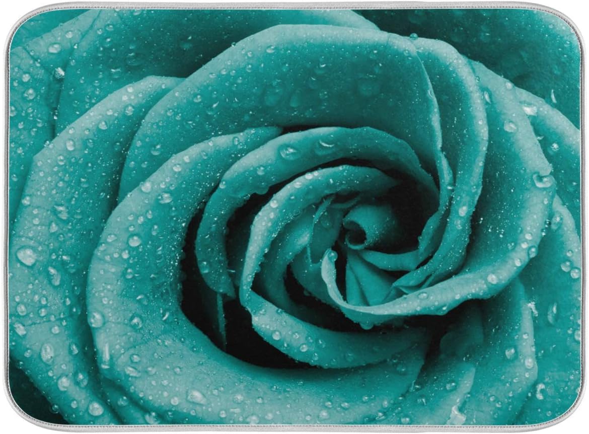 Super Absorbent Dish Drying Mat, Microfiber Fast-Drying Dish Mat, 24" x 18", Kitchen Dish Drying Pad Hipster Turquoise Rose Petals