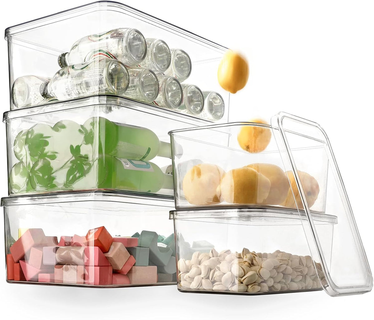 Clear Storage Bins With Lids,5 Packs Food Storage Organizer,Cabinet Storage Basket for Clothing, Towels, Cosmetics, Kitchen Storage Containers,Transparent Pantry Containers (3L+2S)