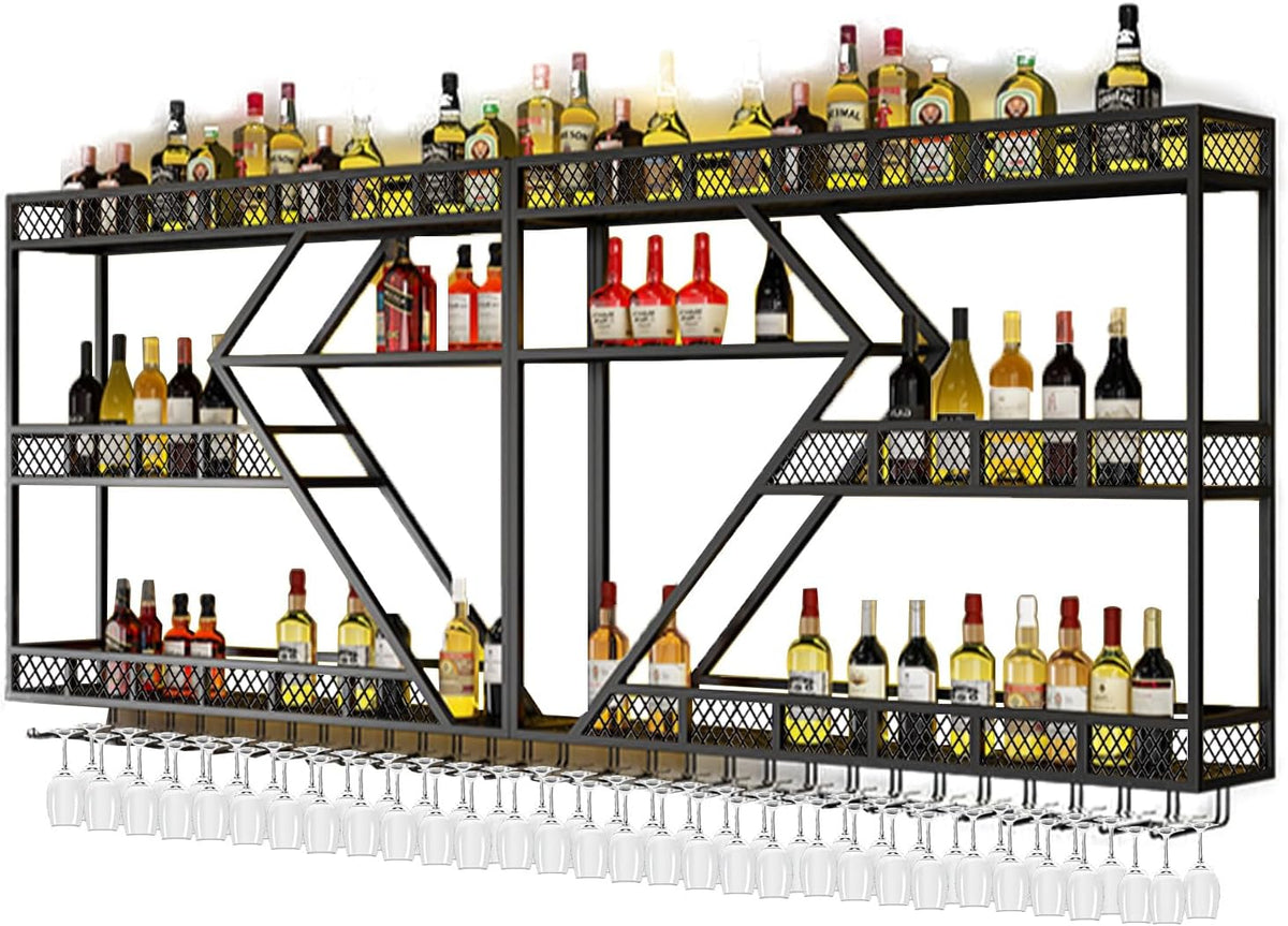 Metal Wine Rack Wall Mounted, Modern Wine Storage Rack Wall Mounted with Wine Glass Holder, Liquor Shelf, Bar Shelves for Liquor Bottles (3TIERS Black, 94.48 * 7.87 * 33.85INCH)