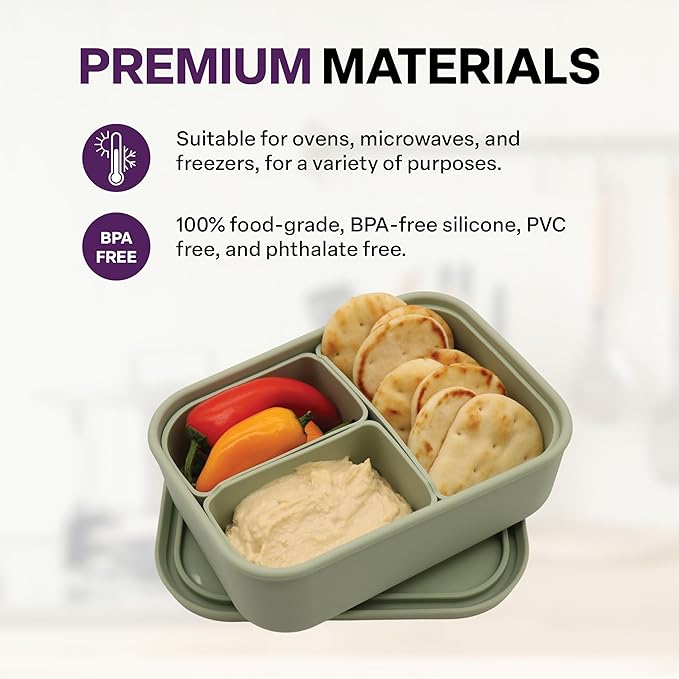 Silicone Bento Box, 3 Removable Compartments, BPA-Free, Leak-Resistant, Dishwasher and Microwave Safe, Perfect for Work, Travel & Meal Prep, (Green)