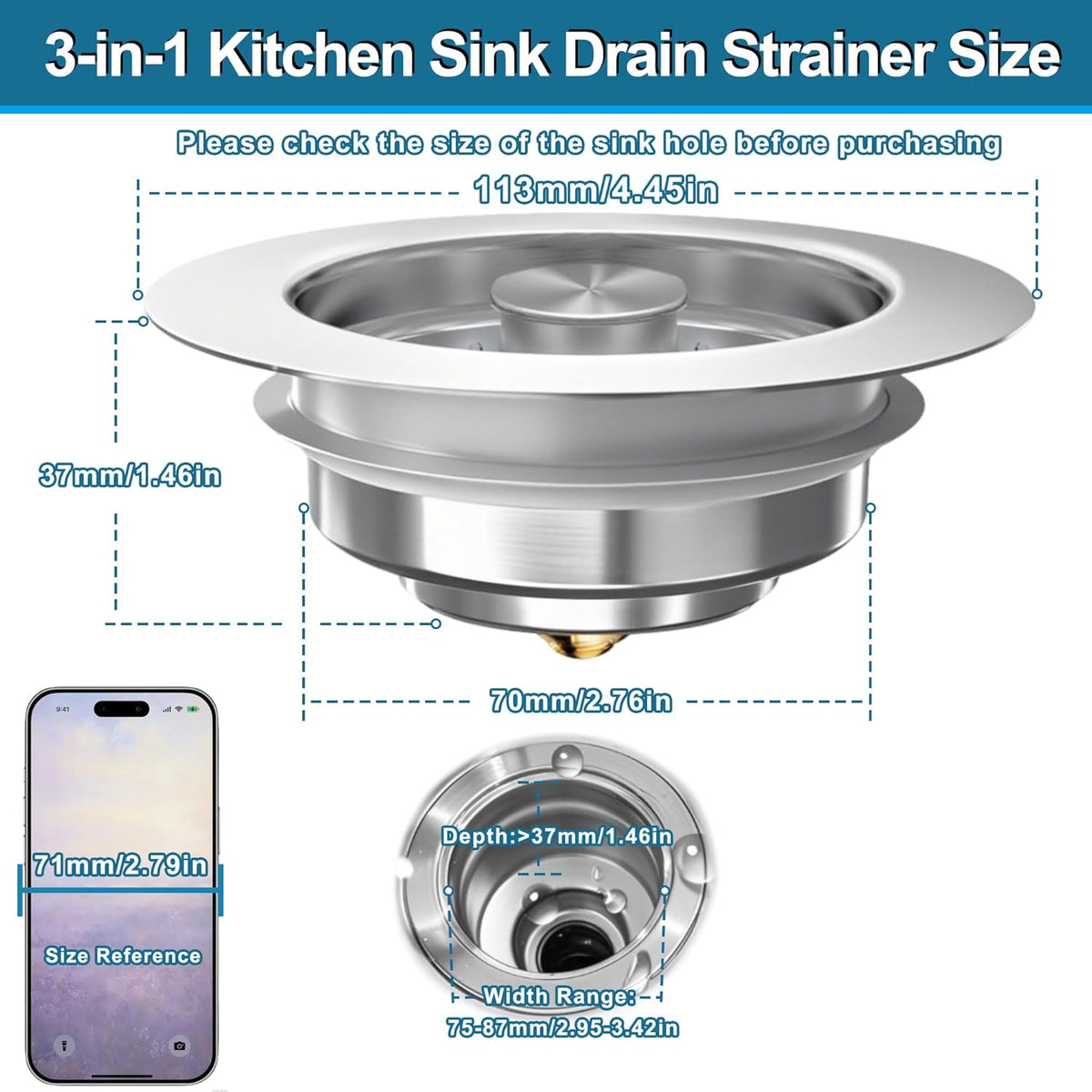 3-in-1 Kitchen Sink Drain Strainer Stopper, Upgraded Stainless Steel Sink Plug with Anti-Clog Filter Basket, Fits Standard 3-1/2 Inch Drain Hole, Pop Up Garbage Disposal Cover, Universal Food Catcher
