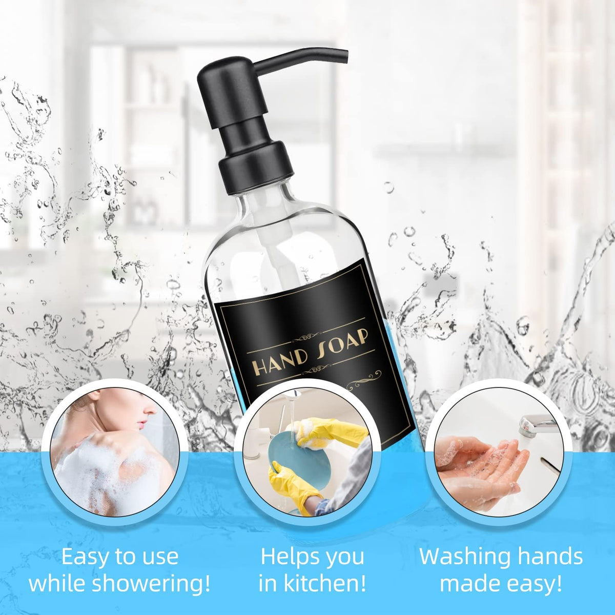 ARKTEK 2 Pack Refillable Glass Soap Dispenser - Rust Proof Stainless Steel Pump, 17 Oz/ 500 ML, Black