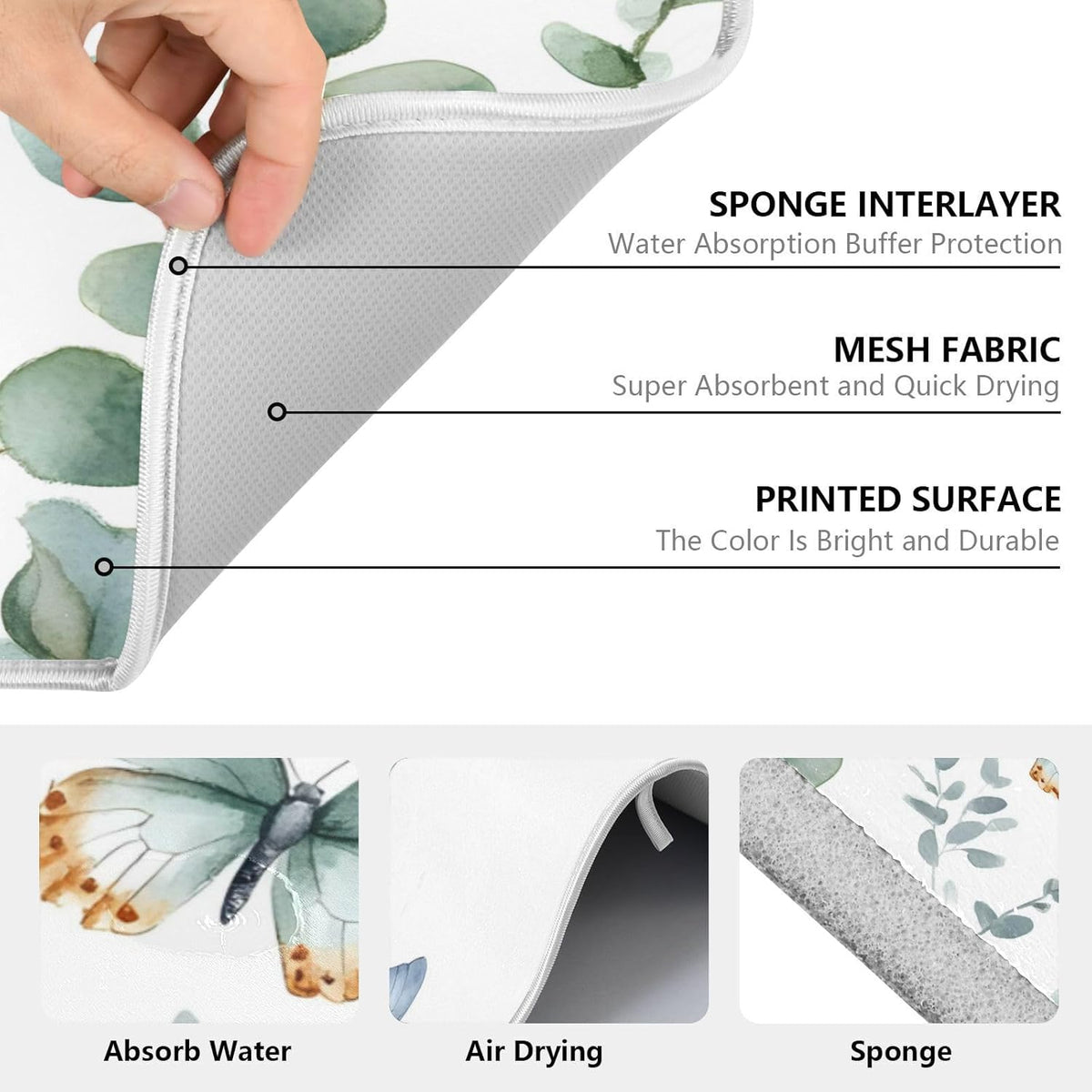 Spring Eucalyptus Green Leaf Dish Drying Mat for Kitchen Counter Absorbent Microfiber Large Drying Pad Dish mats for Kitchen Countertops 18 x 24 Inch