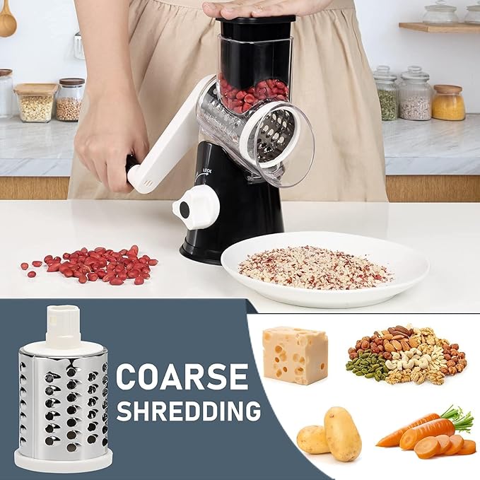 KEOUKE Rotary Cheese Grater Hand Crank Black - Shredder Slicer Grinder 3 Stainless Steel Blades, Stable Suction, Labor-Saving Handle, Safe Kitchen Tool for Cheese, Vegetable, Nuts, Chocolate