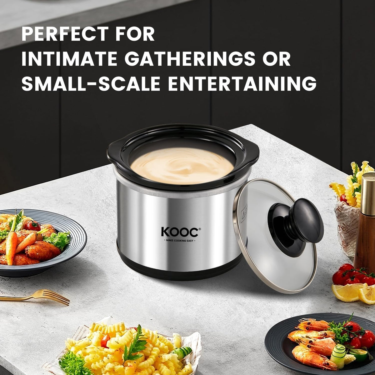 KOOC Small Slow Cooker, 0.65-Quart, Free Liners Included for Easy Clean-up, Upgraded Ceramic Pot, Nutrient Loss Reduction, Stainless Steel, Silver, Round