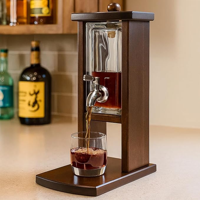 Whiskey Decanter with Tap, Glass and Wood Liquor Dispenser for Home Bar, Bourbon Tequila and Scotch Decanter, Unique Whiskey Gift Set for Men and Whiskey Lovers