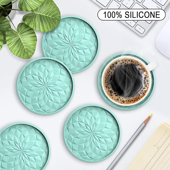 ME.FAN Silicone Coasters with Holder,[6 Pack] Drinking Coasters - Cup Mat for Hot or Cold Drinks, Thickened, Non-Slip, Non-stick,Deep Tray Mint Green