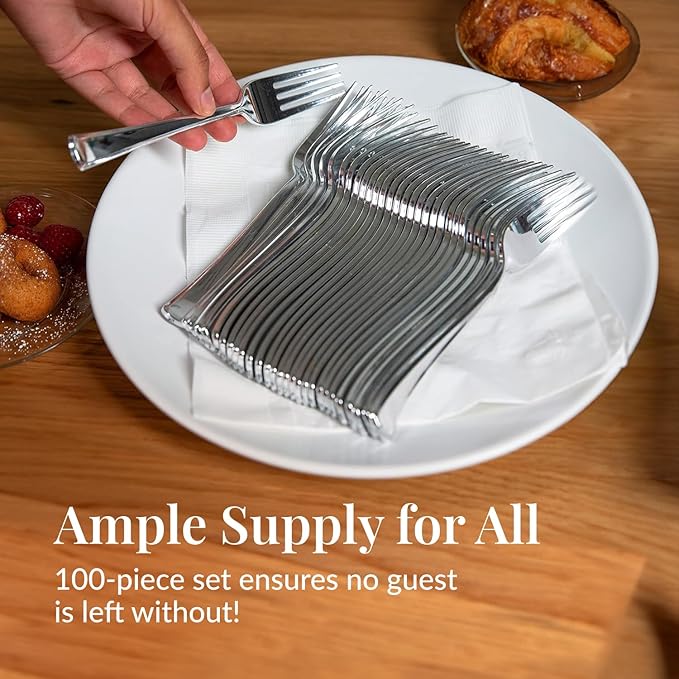 Prestee 100 Pack Silver Plastic Forks Heavy-Duty - Elegant Disposable Silverware Forks - Fancy Plastic Silver Cutlery Set - Heavyweight Utensils for Party, Holiday, and Events