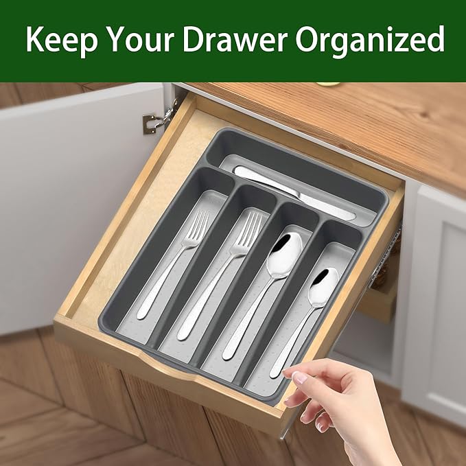 Silverware Organizer 2 Pieces Utenisl Organizer Holder Kitchen Drawer Organizer Plastic Silverware Tray for Drawer Flatware Organizer 5 Compartment Black