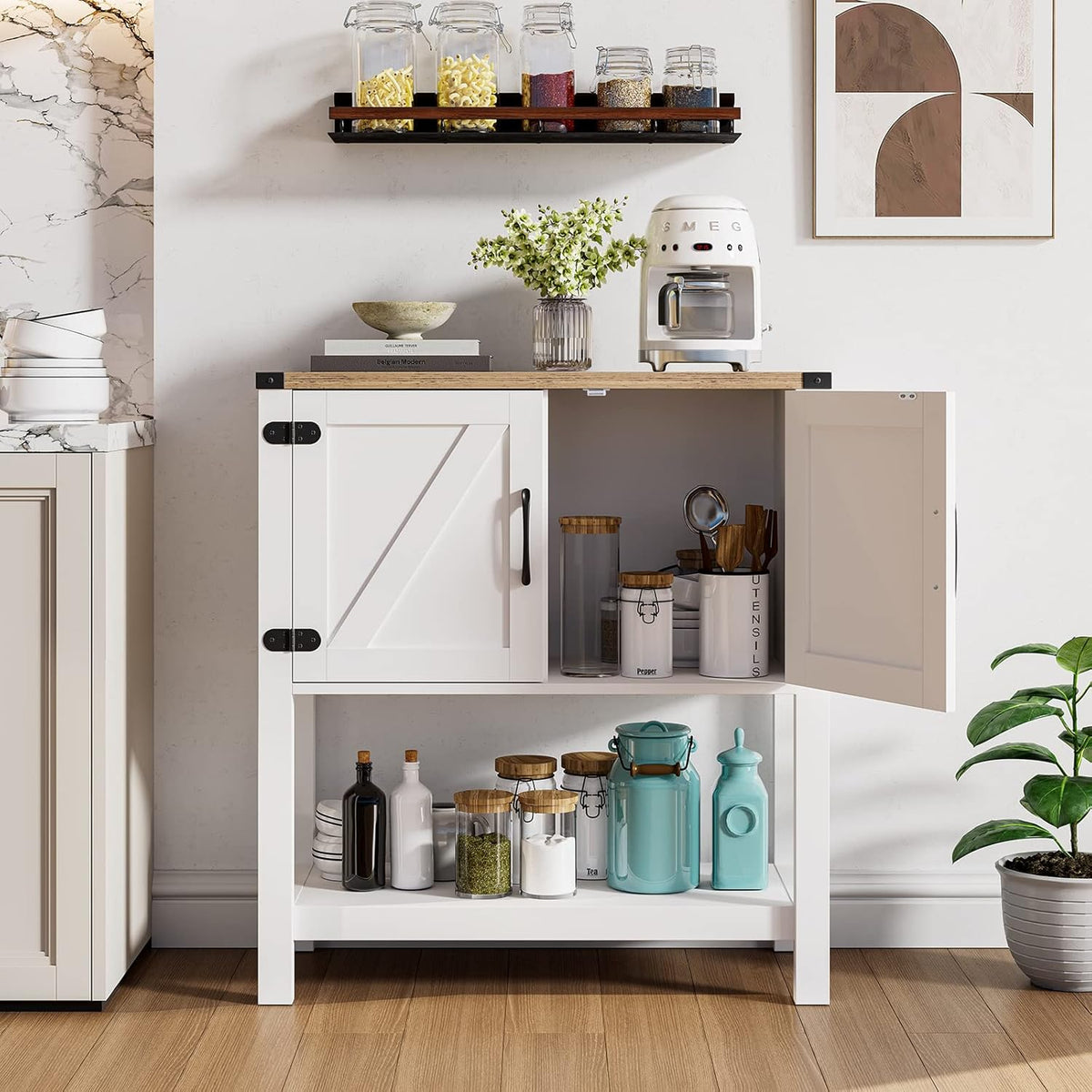 Console Table Coffee Bar Cabinet Sofa Table,31.5 L x 13.8 D x 34.65 H,Entryway Table with 2 Storage Cabinets, Farmhouse Buffet Sideboard for Kitchen, Foyer,Hallway (White)