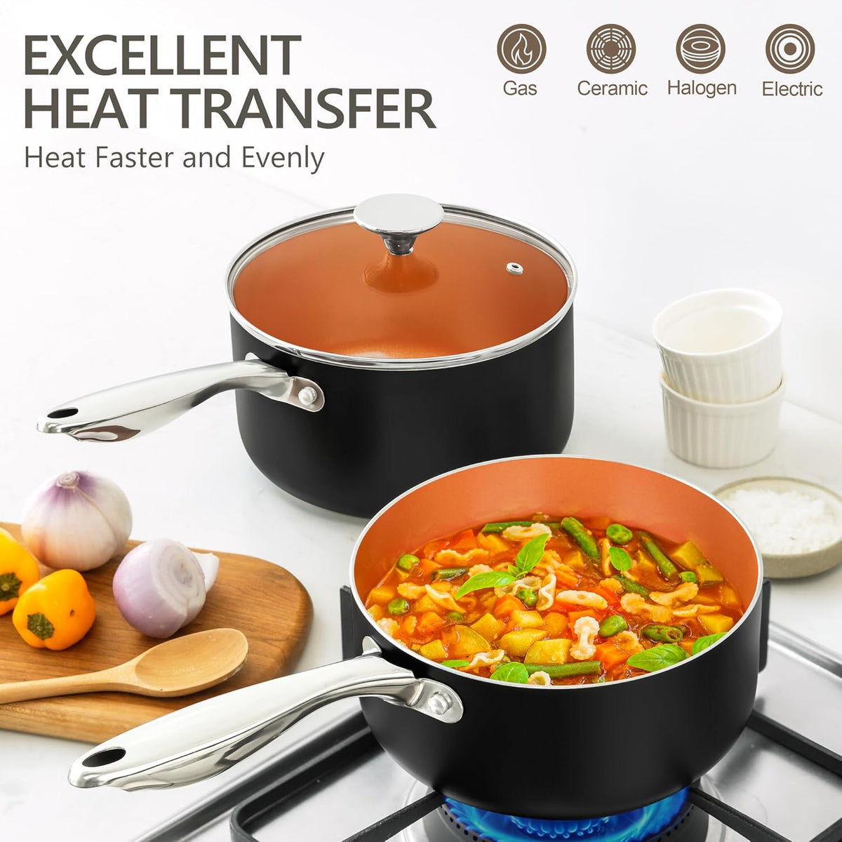 MICHELANGELO Sauce Pan Set, Ultra Nonstick Saucepan Set of 3, Ceramic Saucepans with Lids, 1 Qt & 2 Qt & 3 Qt Small Pot Set, Copper Sauce Pan with Lid