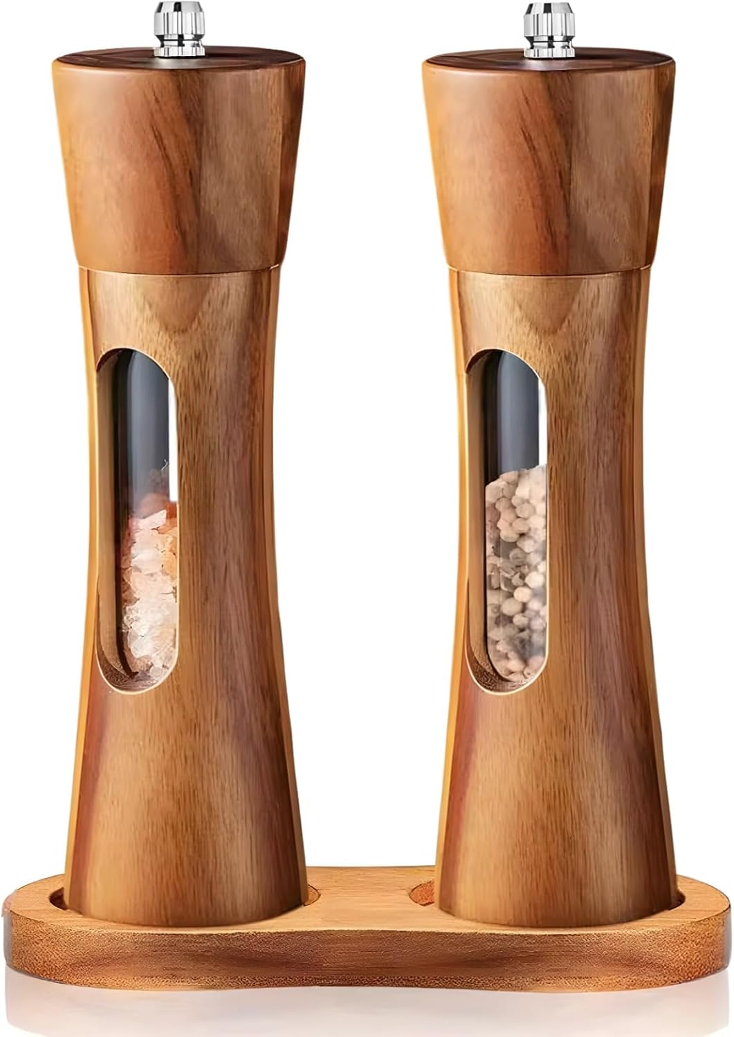 Wooden Pepper and Salt Grinder Set, 2 Pcs Adjustable Ceramic Mills with Wooden Base Includes Transparent Windows, Perfect for Spices and Seasoning