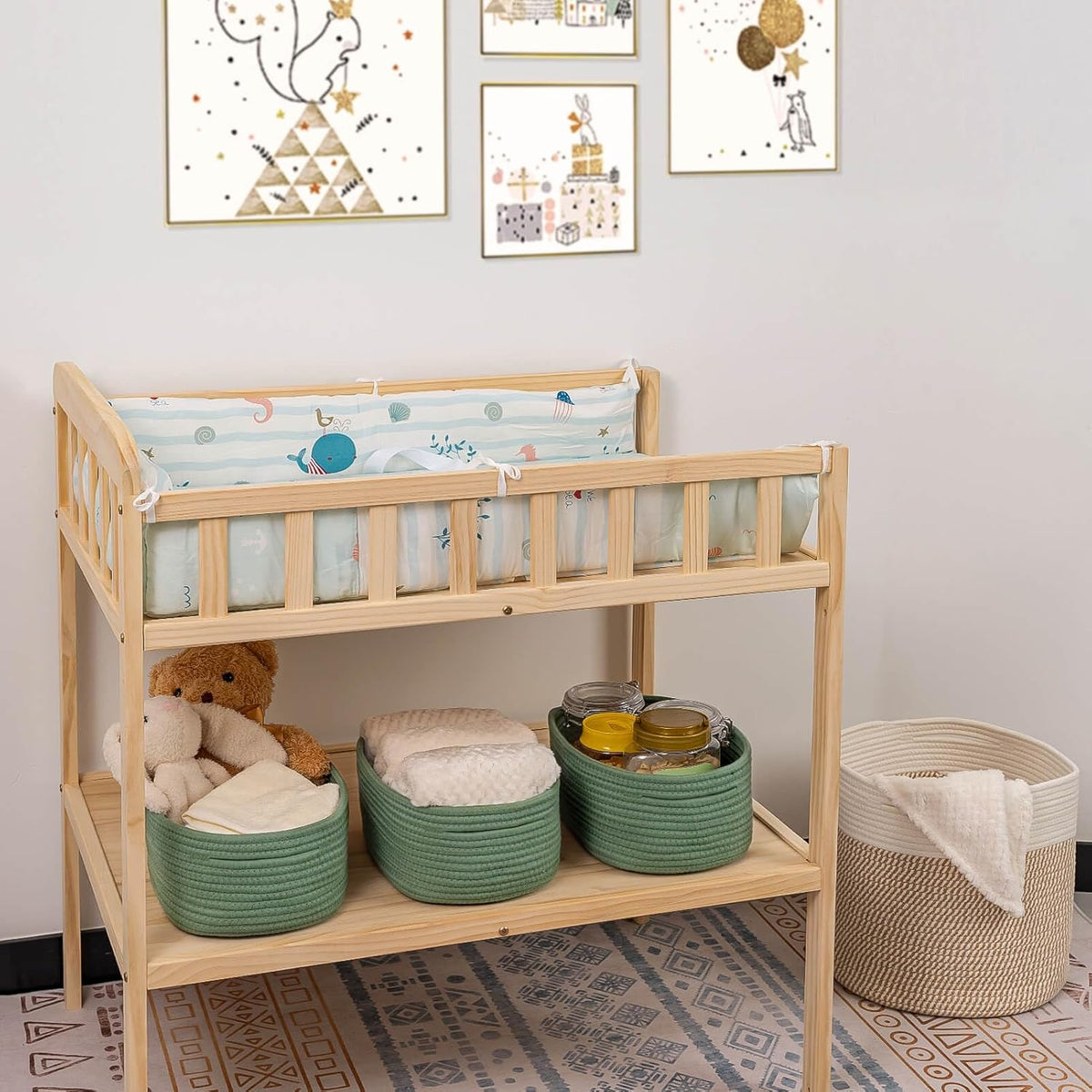 CubesLand Small Storage Basket for Shelves, Woven Rope Green Basket for Organizing, Durable & Skin-Friendly Cube Shelf Closet Organizer Bins, Toy Storage Organizers Bin, Modern Home Decor with Handles