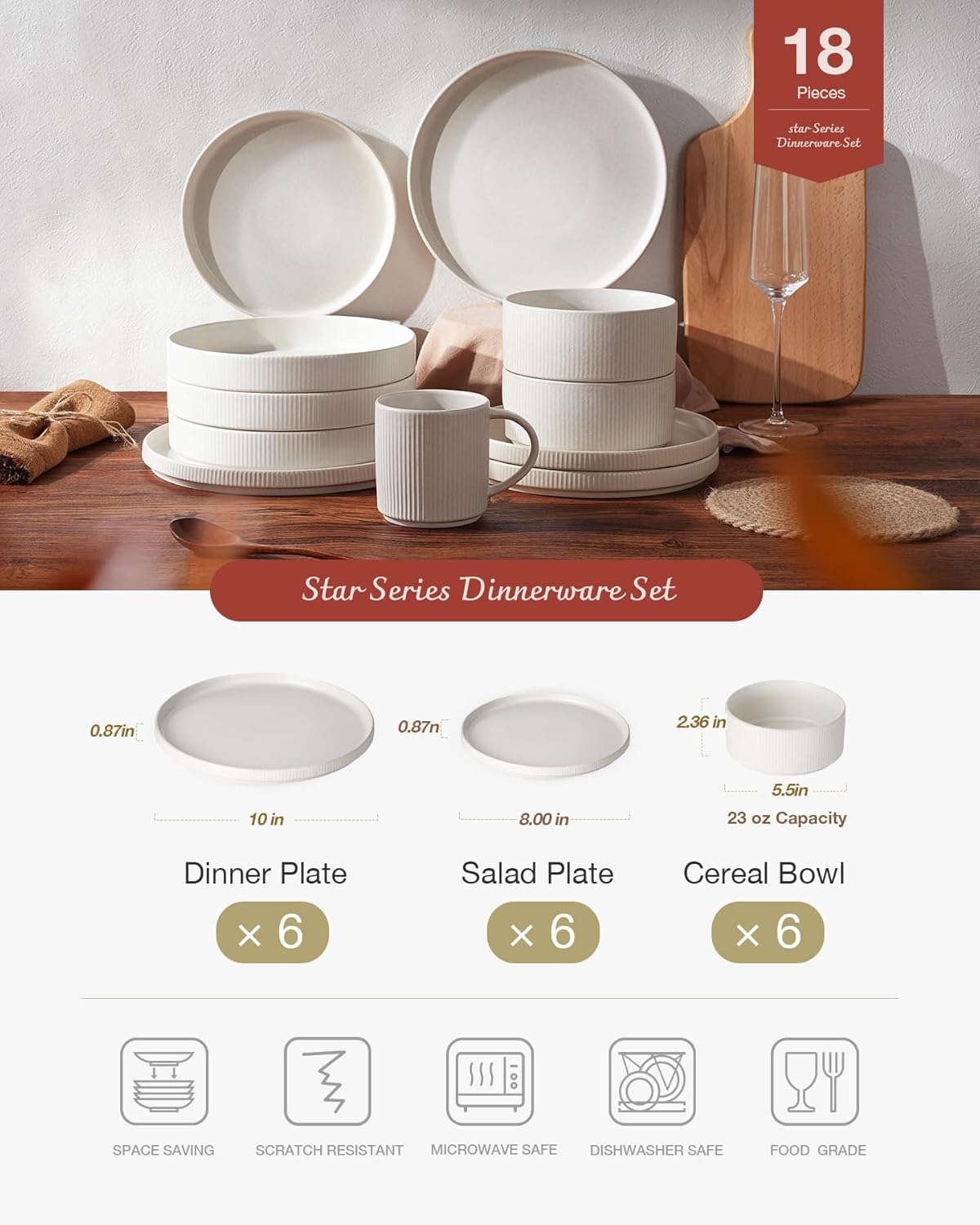 Famiware Star Plates and Bowls Sets, Modern Stoneware Dinnerware Sets for 6, 18-Piece Kitchen Dish Set - Chip and Scratch Resistant, Microwave and Dishwasher Safe Tableware, Matte White