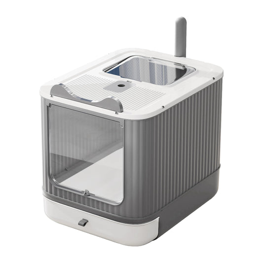 Covered Cat Litter Box with Lid for Kitten to Medium, Grey-White