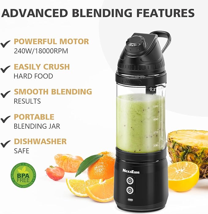 Portable Personal Blender for Smoothies, Protein Shakes, Frozen Drinks - 24Oz Blender Cup Bottle with Sip Spout, Travel Lid, USB-C Rechargeable, Cordless - Mini Small Blenders for Kitchen, Gym, Office